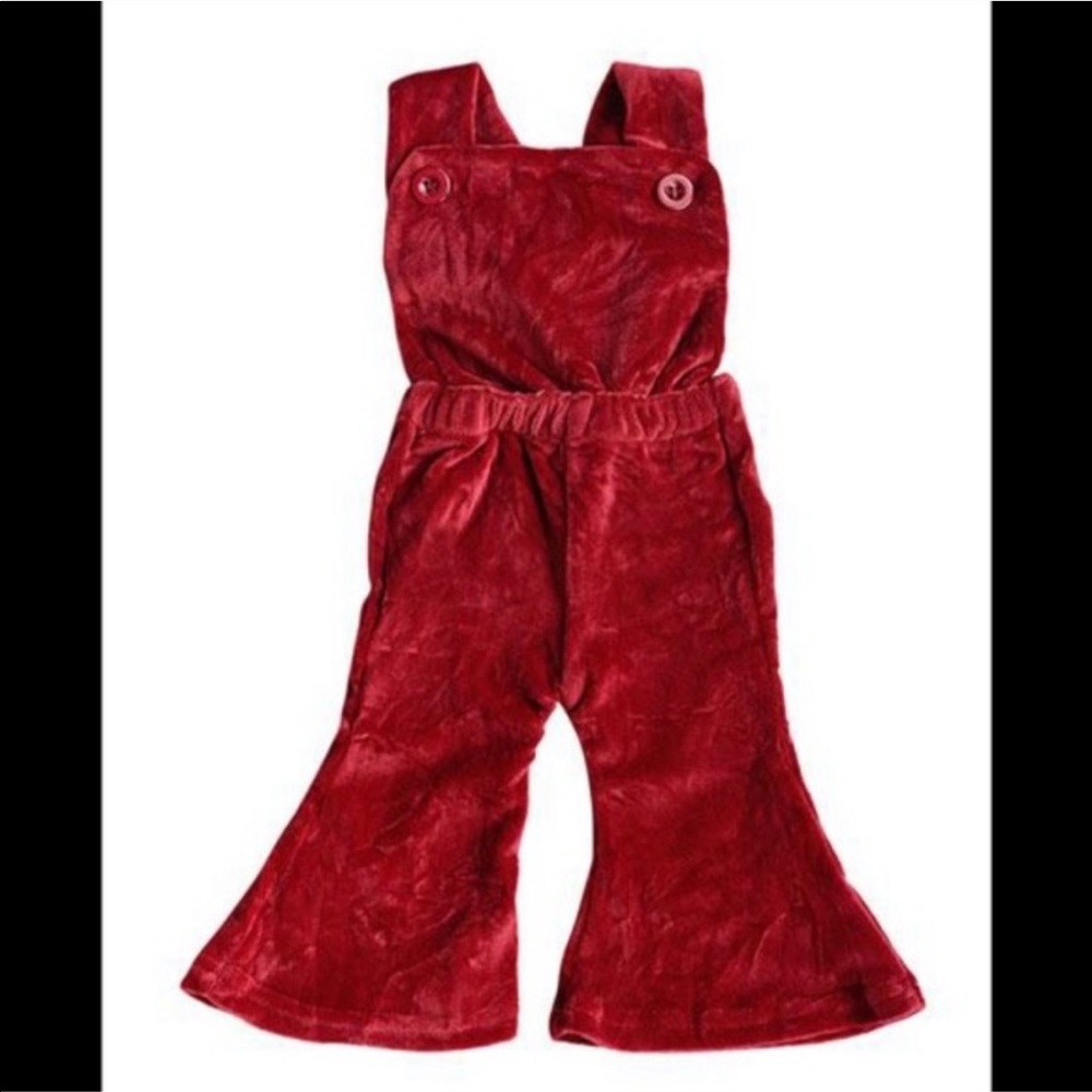 Red Crushed Velvet Boho Flare Leg Jumpsuit - Picture 2 of 3